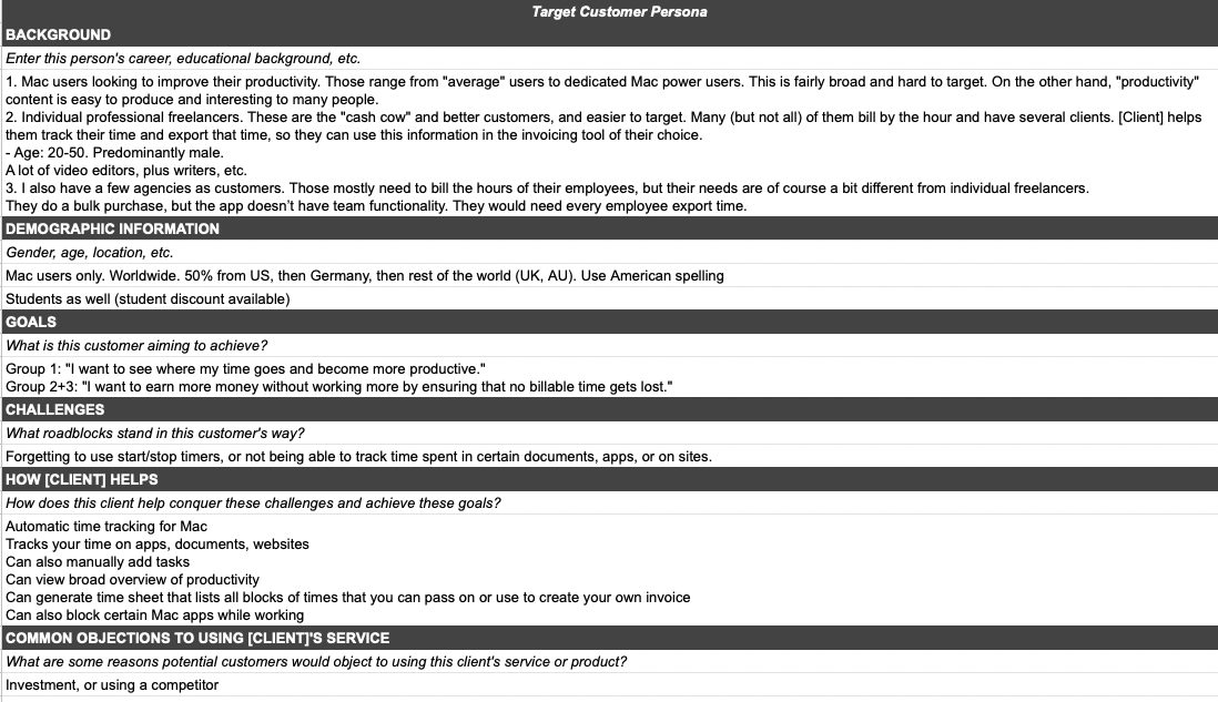Target Customer Persona Questions
